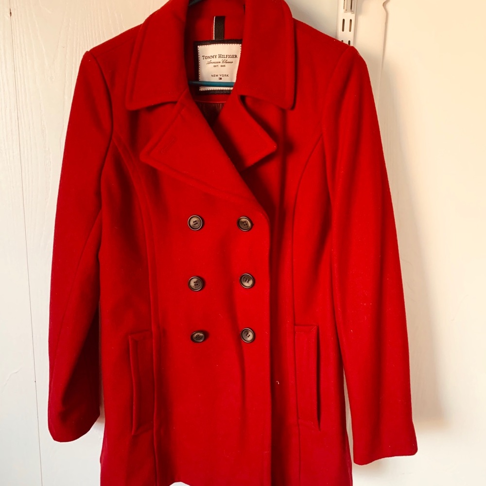 TOMMY HILFIGER red pea coat